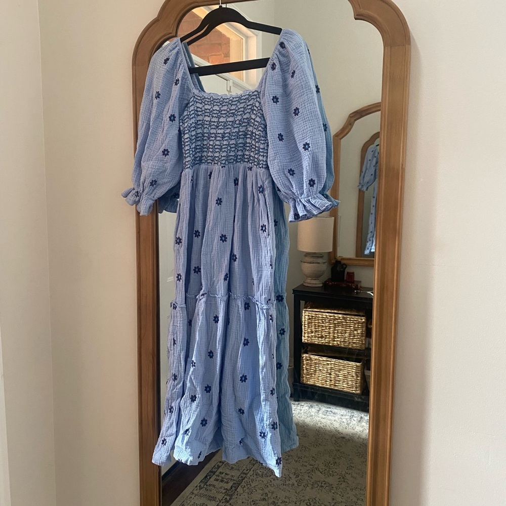 Blue Floral Ruched Midi Dress